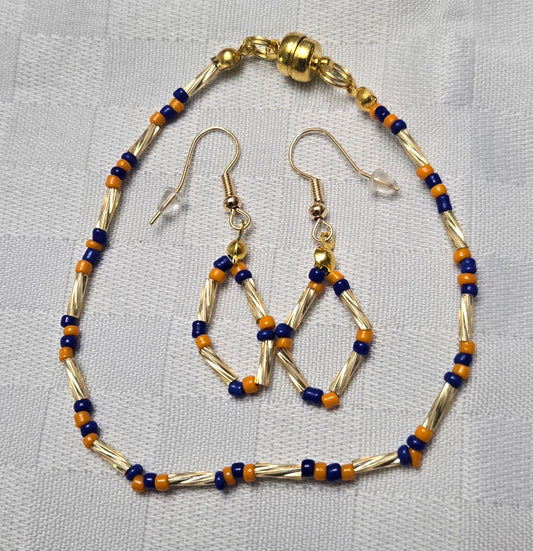 Blue and Orange Earring and Bracelet Set