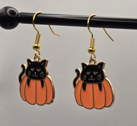 Black Cat in a Pumpkin Earrings